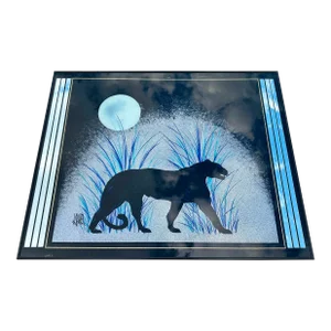 1980s Art Deco Revival Style Panther Mirrored Reverse Glass Painting by Laurel Art Co., Framed