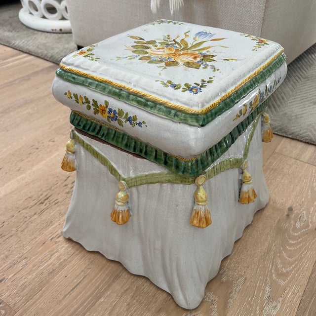 1970s Handpainted Italian Terracotta Side Table Garden Stool Featuring Tassels and Flowers For Sale - Image 12 of 12