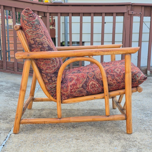 1960s Ficks Reed Style Pagoda Rattan Bamboo Lounge Chair Tapestry Covered Cushions For Sale In Washington DC - Image 6 of 12