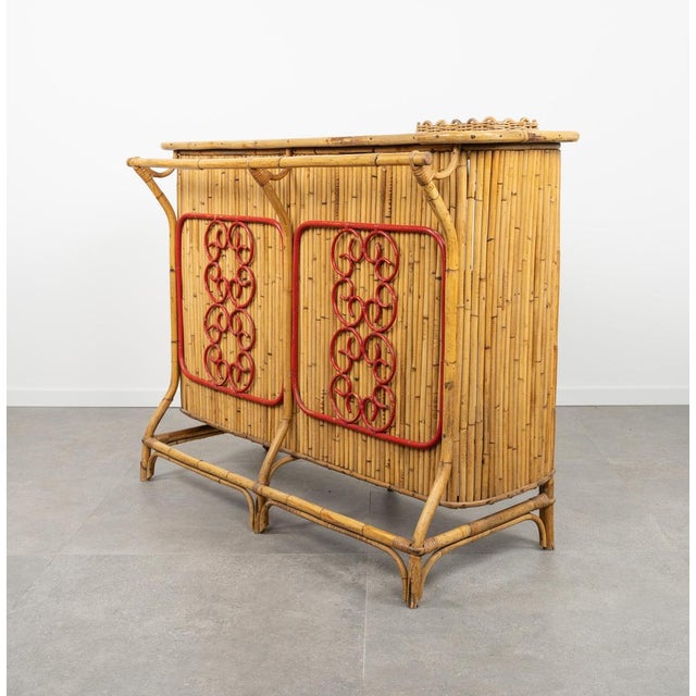 Bamboo and Rattan Cabinet Bar with Stools attributed to Tito Agnoli, Italy, 1950s, Set of 3 For Sale - Image 13 of 18