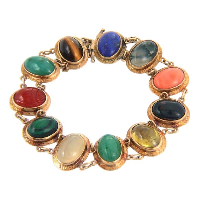 Mid 20th Century Cabochon Multicolor Gems 14k Rose Gold Oval Link Chain Bracelet For Sale