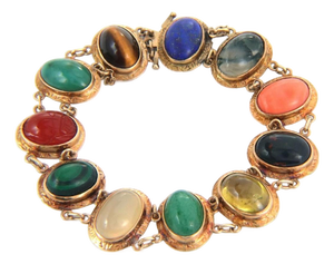 Mid 20th Century Cabochon Multicolor Gems 14k Rose Gold Oval Link Chain Bracelet