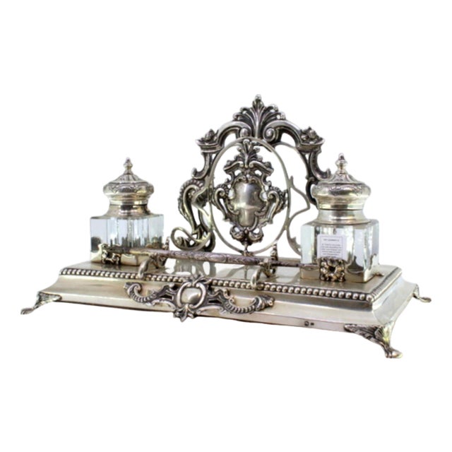 Cut Silver and Glass Inkwell with Letter and Pen Holder, Monogram Cards and Raised Feet For Sale