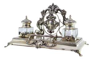 Cut Silver and Glass Inkwell with Letter and Pen Holder, Monogram Cards and Raised Feet