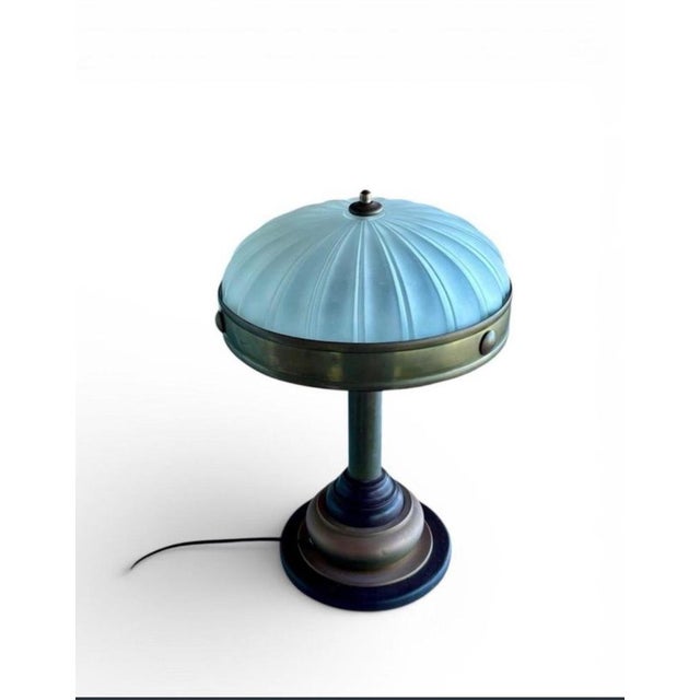 French Art Deco lamp, circa 1920, with a semi-spherical dome of opal or frosted glass, featuring vertical ribs (Holophane...