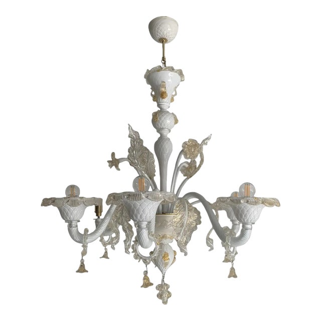 Murano Glass Chandelier in Milky and Gold With Flowers and Leaves For Sale