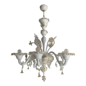 Murano Glass Chandelier in Milky and Gold With Flowers and Leaves
