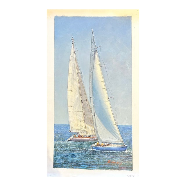 Sailboat Racing Nautical Yacht Scene – Original Vertical Painting by Tailroy, Unstretched (12.5" X 25") For Sale