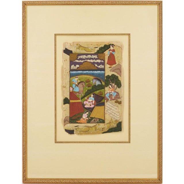 Three (3) framed Indian Mughal watercolor and gouache manuscript pages, all with figures and animals and areas of script....