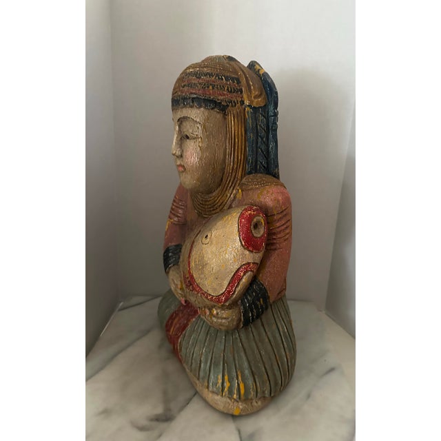 Wildwood Seated Asian Carved Wood Figure Holding Fish For Sale - Image 4 of 9