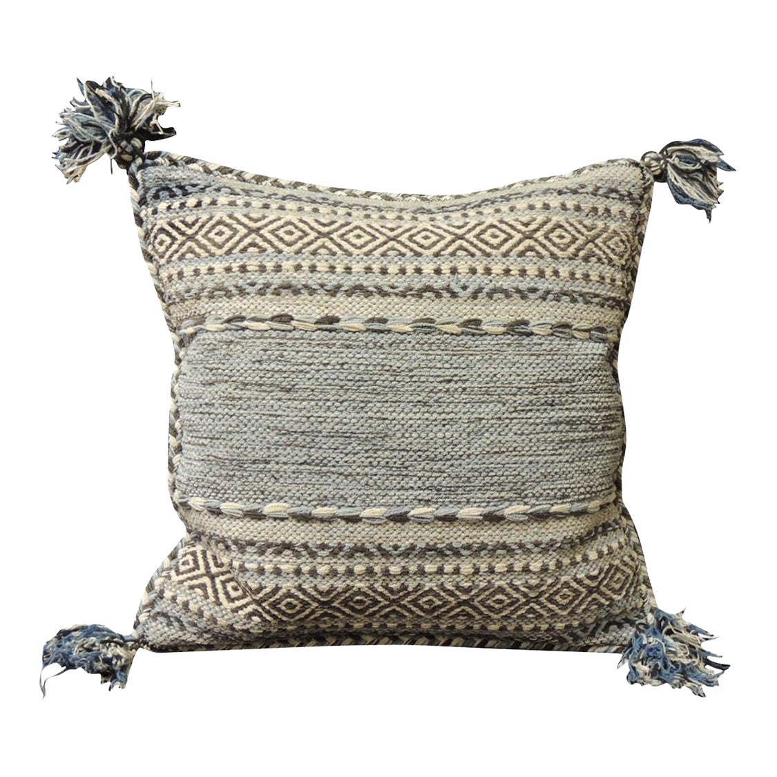 Woven Blue and Dark Grey Decorative Pillow with Tassels Chairish