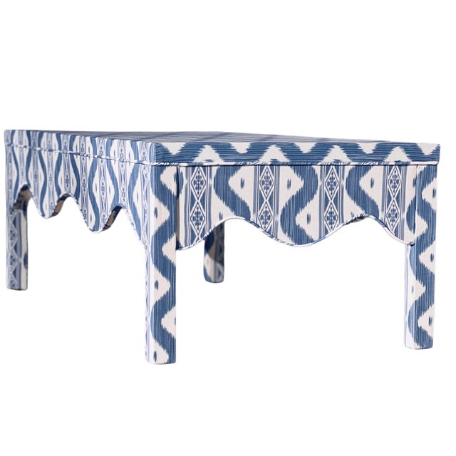 Wood Custom Scalloped Coffee Table in Blue Ikat For Sale - Image 7 of 16