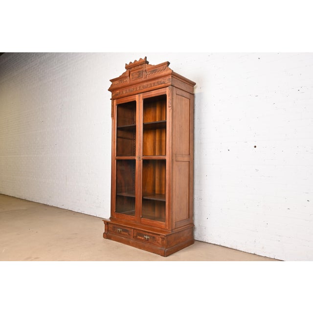 Victorian Herter Brothers Style Antique Eastlake Victorian Carved Burled Walnut Bookcase, Circa 1880s For Sale - Image 3 of 12