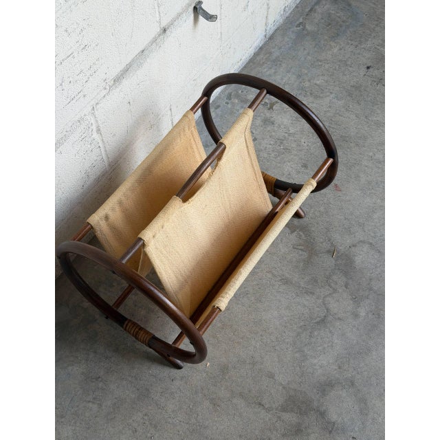 1970s Beige Rattan Magazine Rack With Canvas Holder Mid-Century Modern 1970s For Sale - Image 5 of 10