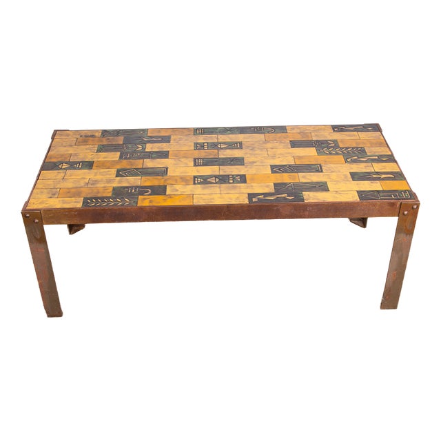Coffee Table in Glazed Ceramic with Steel Base by Jean Garbero for Vallauris, 1950s For Sale