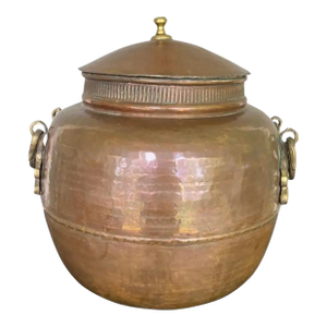 Antique Hand-Hammered Copper Vessel With Brass Lid & Ornate Handles