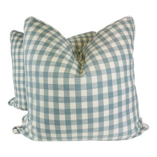 Schumacher "Elton Cotton Check" in Aqua 22" Pillows-A Pair For Sale