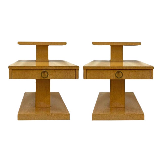 Pair of 1940's Modern Architectonic Side Tables With Bronze Pulls by Lane For Sale