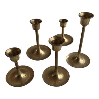 Mid-Century Modern Graduated Tulip Brass Candlesticks S/5 For Sale