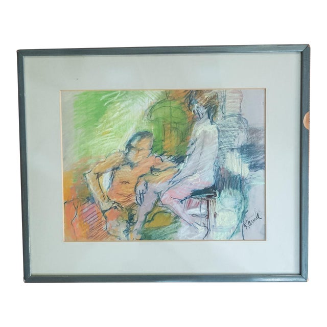 Mid-Century Modern Pastel Drawing Painting of Two Seated Nudes, Signed For Sale