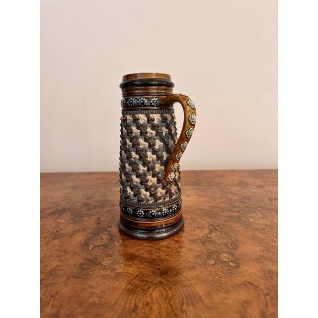 Stunning quality antique Victorian Doulton Lambeth jug, having a quality decorated Doulton Lambeth large jug, with raised...