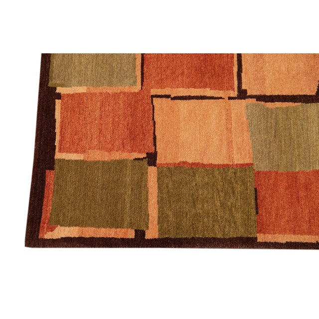 2010s Modern Wool & Silk Tibetan Rug With Geometric Design in Green & Orange For Sale - Image 4 of 7