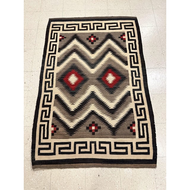 Native American Vintage Navajo Carpet, Oriental Rug, Handmade Wool Rug, Red, Black, Ivory, Bold For Sale - Image 3 of 17