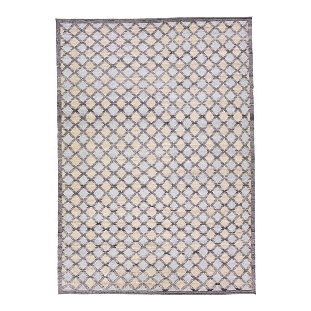 Modern Swedish Style Gray and Beige Handmade Geometric Wool Rug For Sale