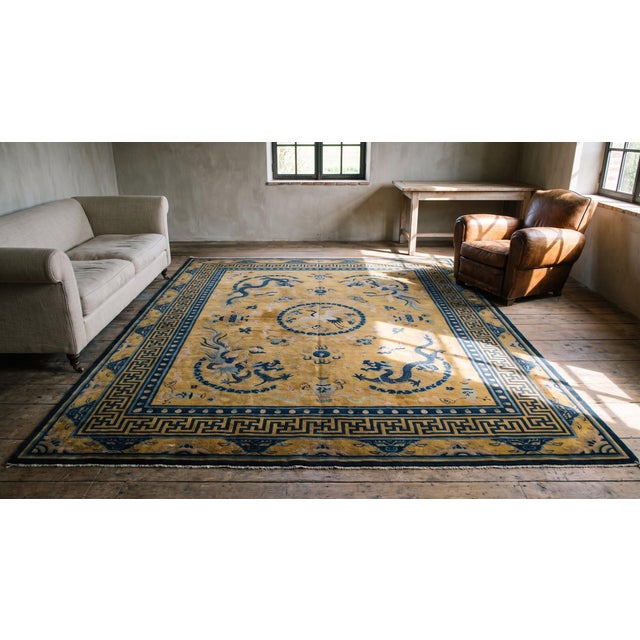Stunning Gold Background Color With Cute Details of Chinese Culture Antique Rug For Sale - Image 10 of 12
