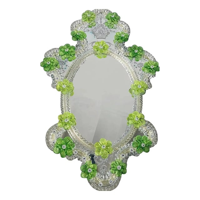 Glass Venetian Oval Green Floral Hand-Carved Mirror by Simoeng For Sale - Image 7 of 7