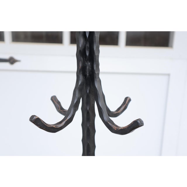 Antique Hammer Faceted Wrought Iron Coat Rack Early 1900's French Gothic Medieval Spanish Revival Scroll Base Twist Spear Hand Forged For Sale - Image 6 of 8