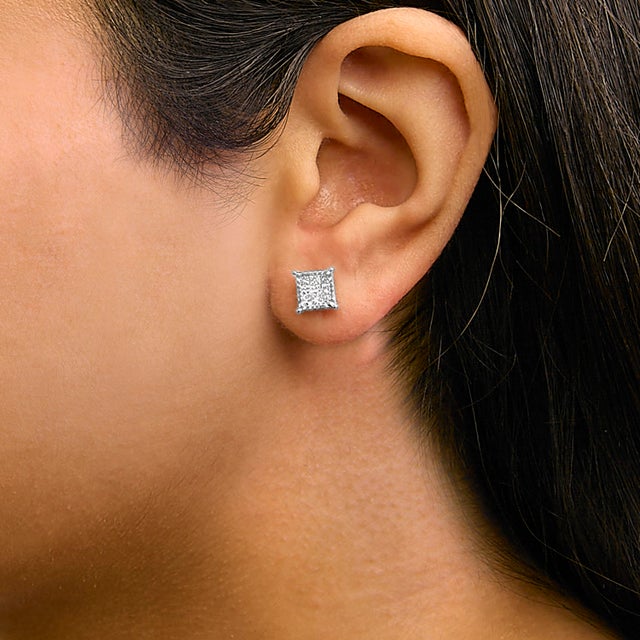 Haus of Brilliance Sterling Silver 1/2 Cttw Princess Diamond Composite Square Stud Earrings For Sale - Image 4 of 5