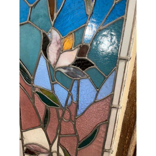 Brown Large Pair of Victorian Stained Glass Windows in Walnut Frames For Sale - Image 8 of 12