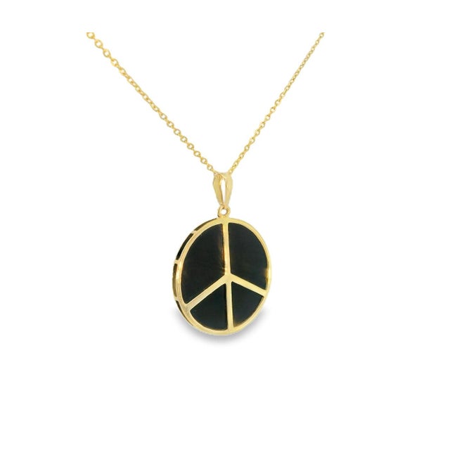 Modern Mid 20th Century 14k Yellow Gold Black Onyx Peace Sign Pendant Slide Modern Estate For Sale - Image 3 of 4