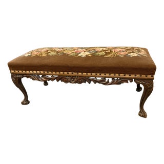 Antique American Rococo Revival Carved Walnut Needlepoint Bench, Pierced Louis XV Style For Sale