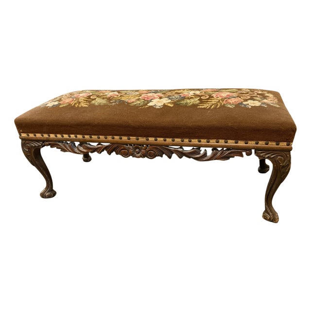 Antique American Rococo Revival Carved Walnut Needlepoint Bench, Pierced Louis XV Style For Sale