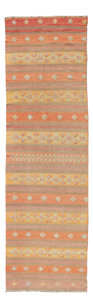 Colorful Vintage Turkish Kilim Rug With Horizontal Stripes and Geometric Shapes