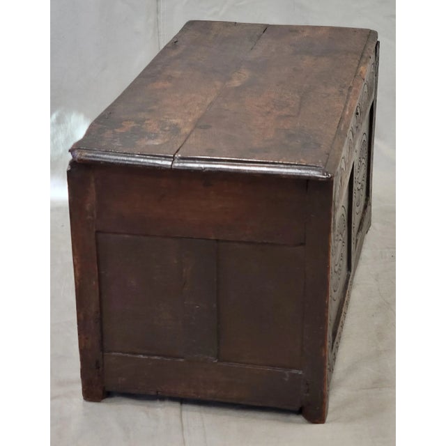 Antique 1800s English Carved Oak Coffer Storage Trunk Box For Sale - Image 9 of 12