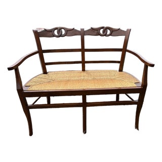Vintage Walnut & Rush Seat Loveseat Bench For Sale