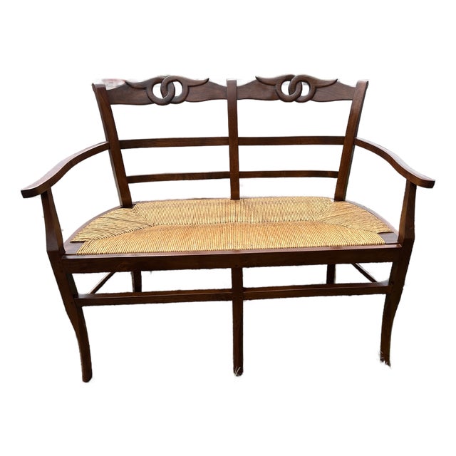 Vintage Walnut & Rush Seat Loveseat Bench For Sale