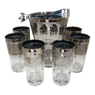 Dorothy Thorpe Style Grape Pattern Silver Fade Ice Bucket WithTongs and Six 12 Oz. Tumblers - Set of 8 For Sale