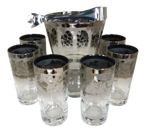 Mid-Century Modern Dorothy Thorpe Style Grape Pattern Silver Fade Ice Bucket WithTongs and Six 12 Oz. Tumblers - Set of 8