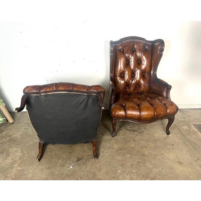 Pair of French Leather Tufted Wingback Chairs C. 1930 For Sale - Image 11 of 13