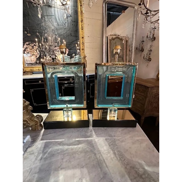 Great pair of modern Murano glass and brass square lamps in blue. Circa 2000. Perfect for today's transitional designs!
