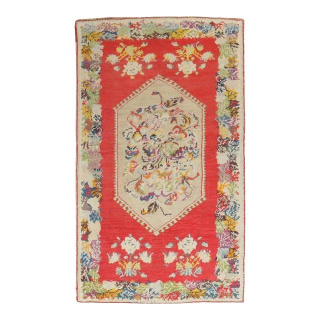 20th Century Bright Red Colorful Turkish Accent Rug - 3'9" x 6'3" For Sale