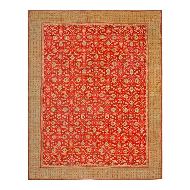 1880s Red Herati Antique Indian Agra Rug 11' 8"x 15' Handknotted Wool Carpet For Sale