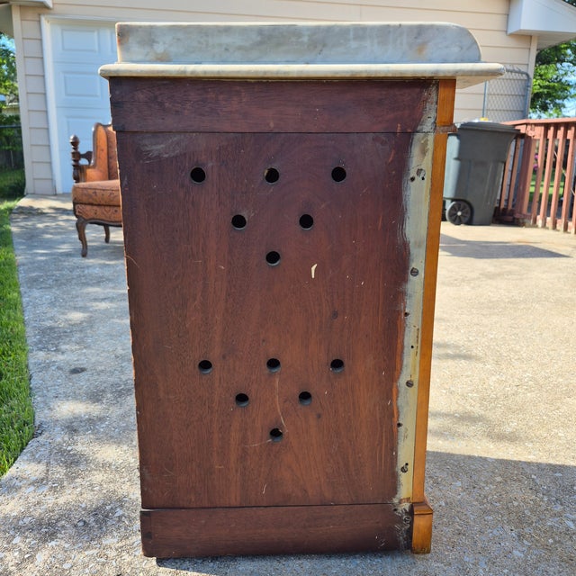 Brown C. 1880 English Marble Top Satinwood Inlaid Corner Bowfront Washstand Cabinet For Sale - Image 8 of 10