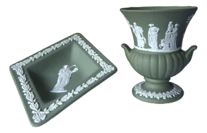 Vintage Wedgwood Jasperware Pieces — Sage Green With White Relief Collection of Two