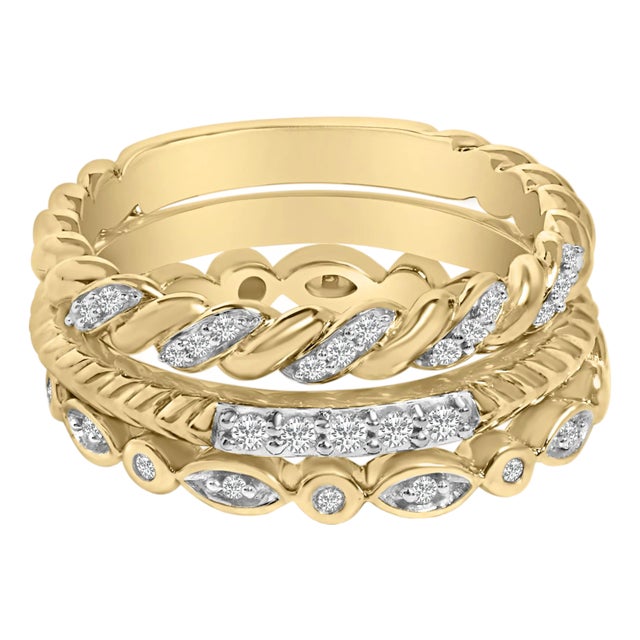 14K Yellow Gold Plated Sterling Silver 1/4 Cttw Diamond Twist Leaf Stackable Ring Set - Size 7 For Sale