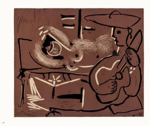1962 Pablo Picasso Linocut Engraving "Reclining Woman and Guitar-Playing Picador"